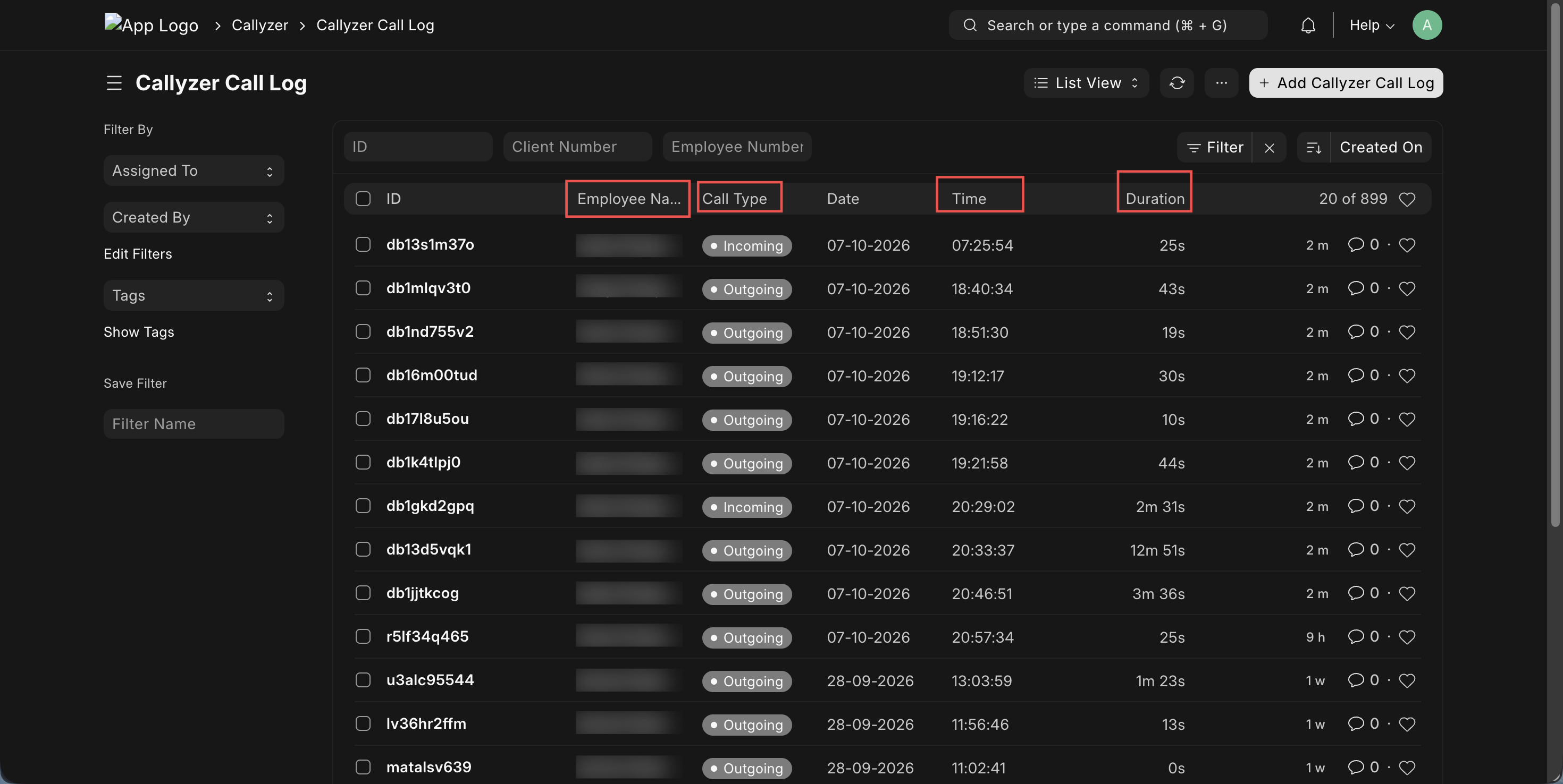 ERPNext Call Log List View