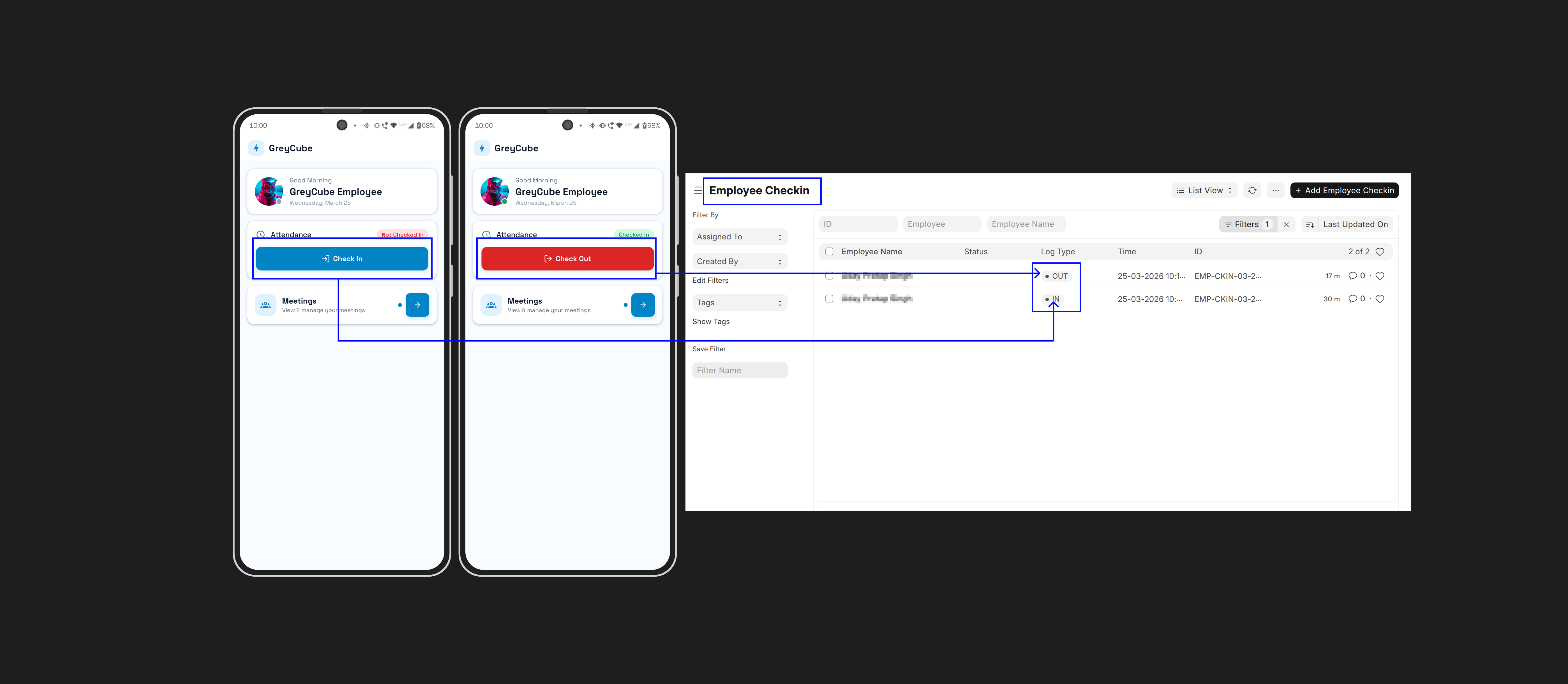 Check-in screen on mobile showing GPS capture and the corresponding attendance log in ERPNext