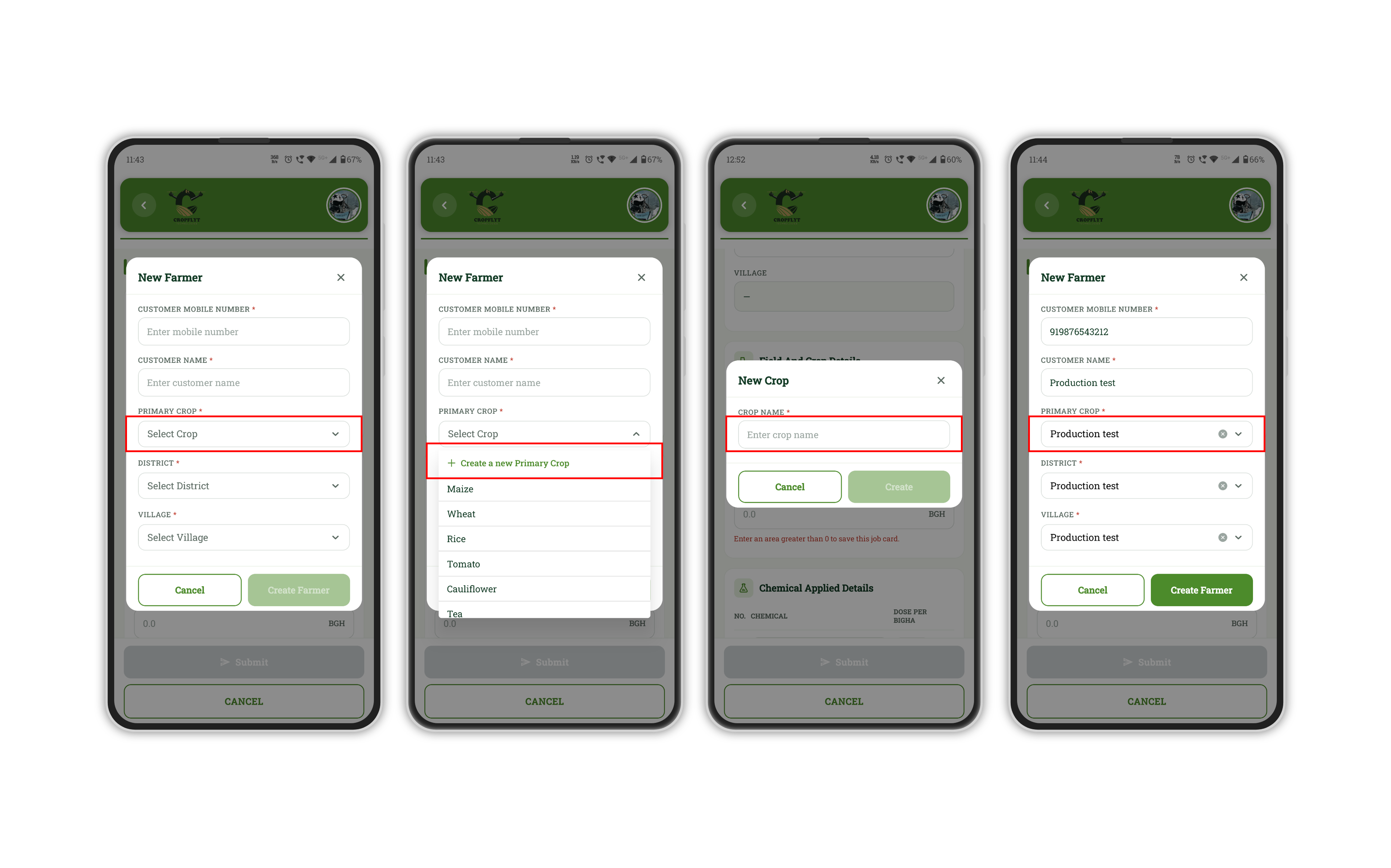 Nested Master Data Popups for Crops, Districts, and Villages