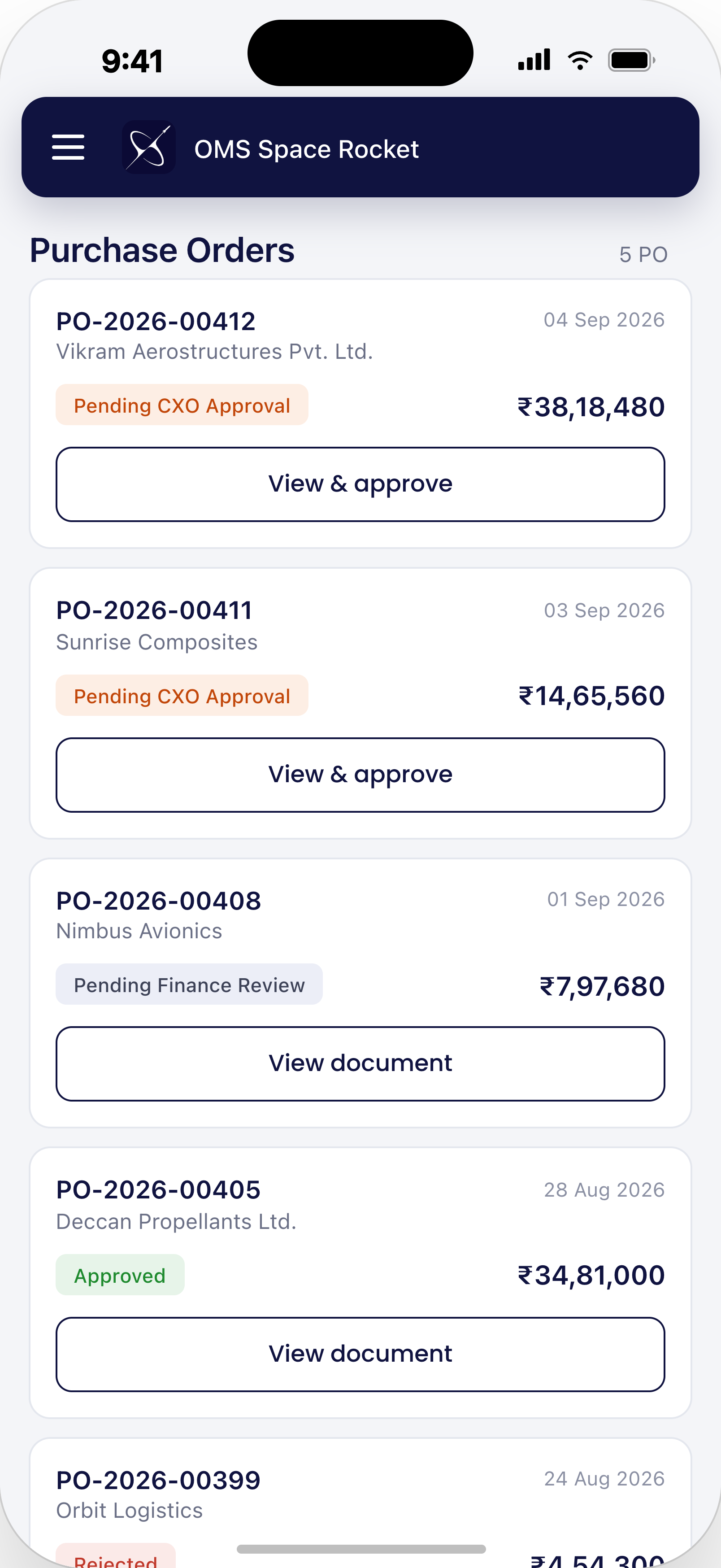 Mobile purchase order list with approval status