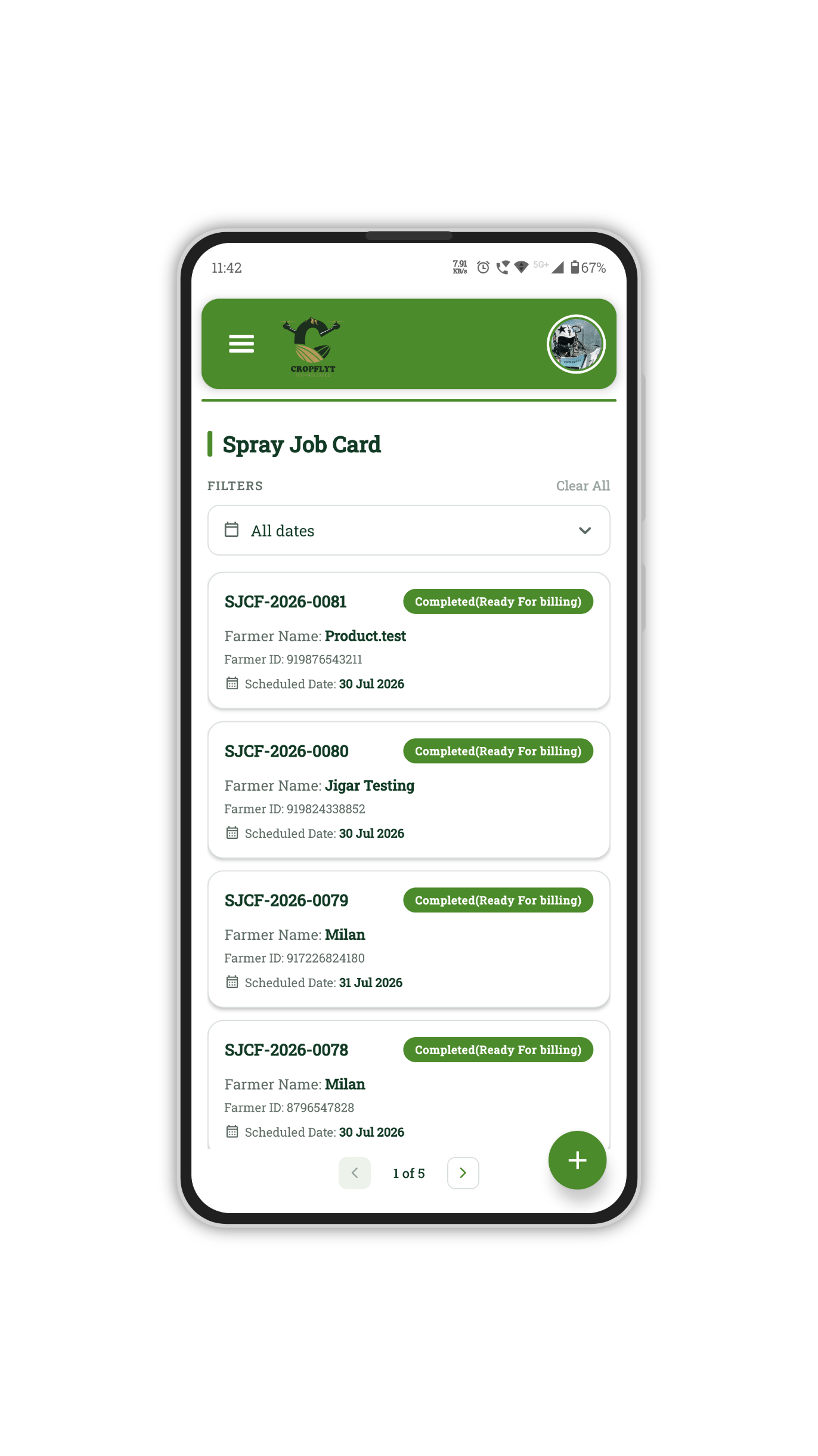 Cropflyt Mobile App - Spray Job Card List View