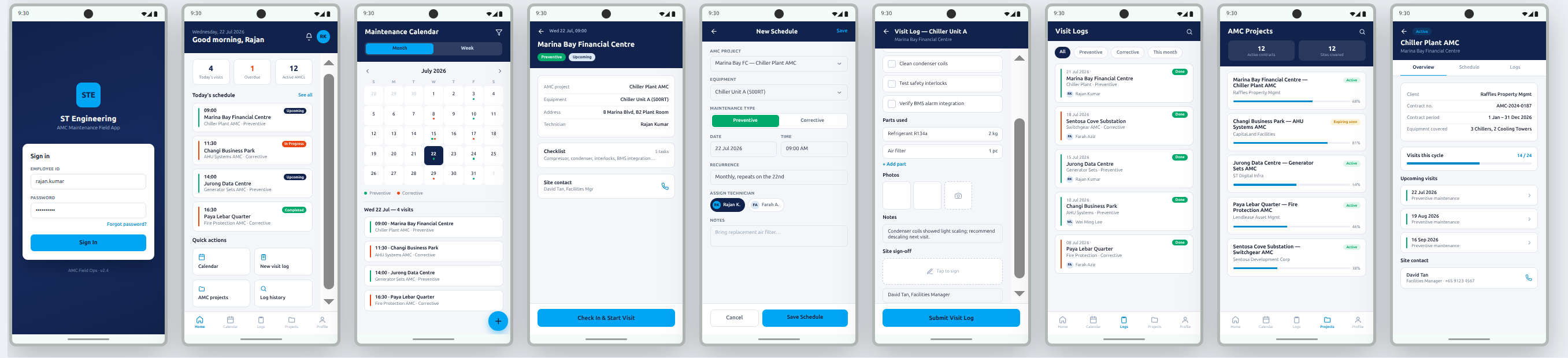 AMC maintenance field app — sign in, daily schedule, maintenance calendar, visit scheduling, visit log with parts and photos, and AMC project screens