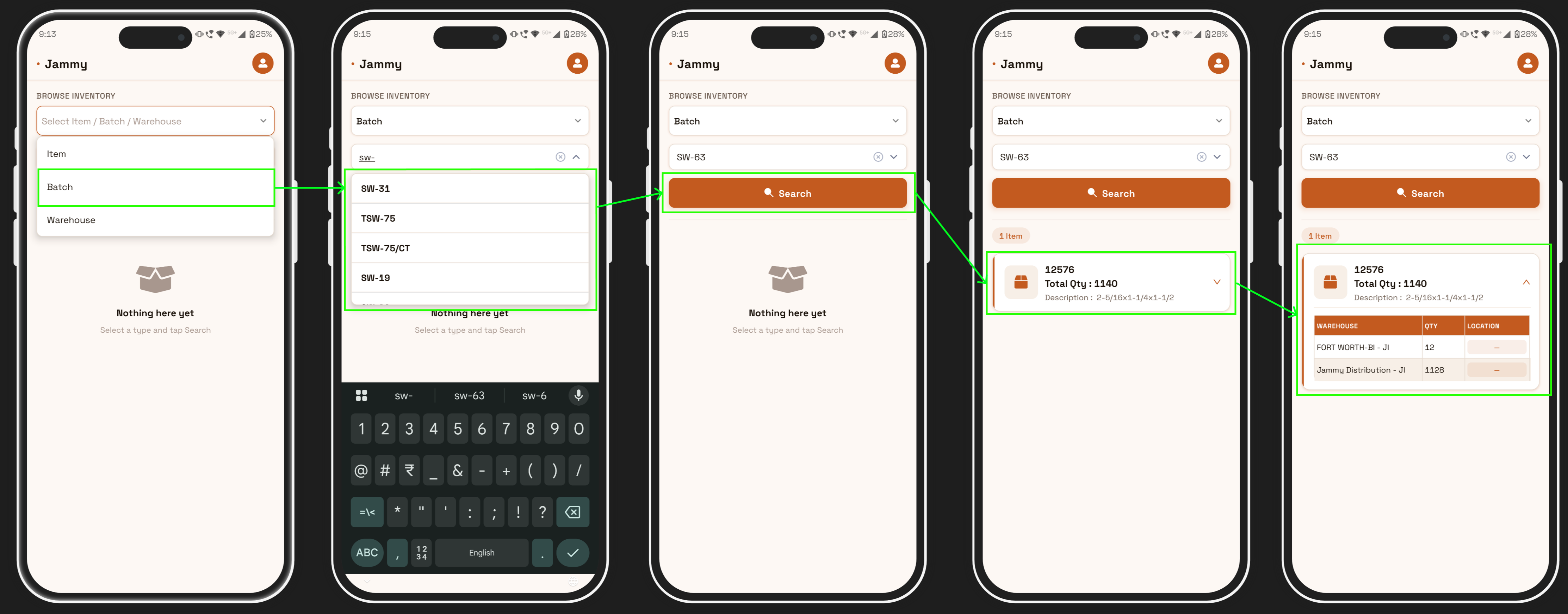 Batch search with auto-suggest dropdown showing matching batch numbers