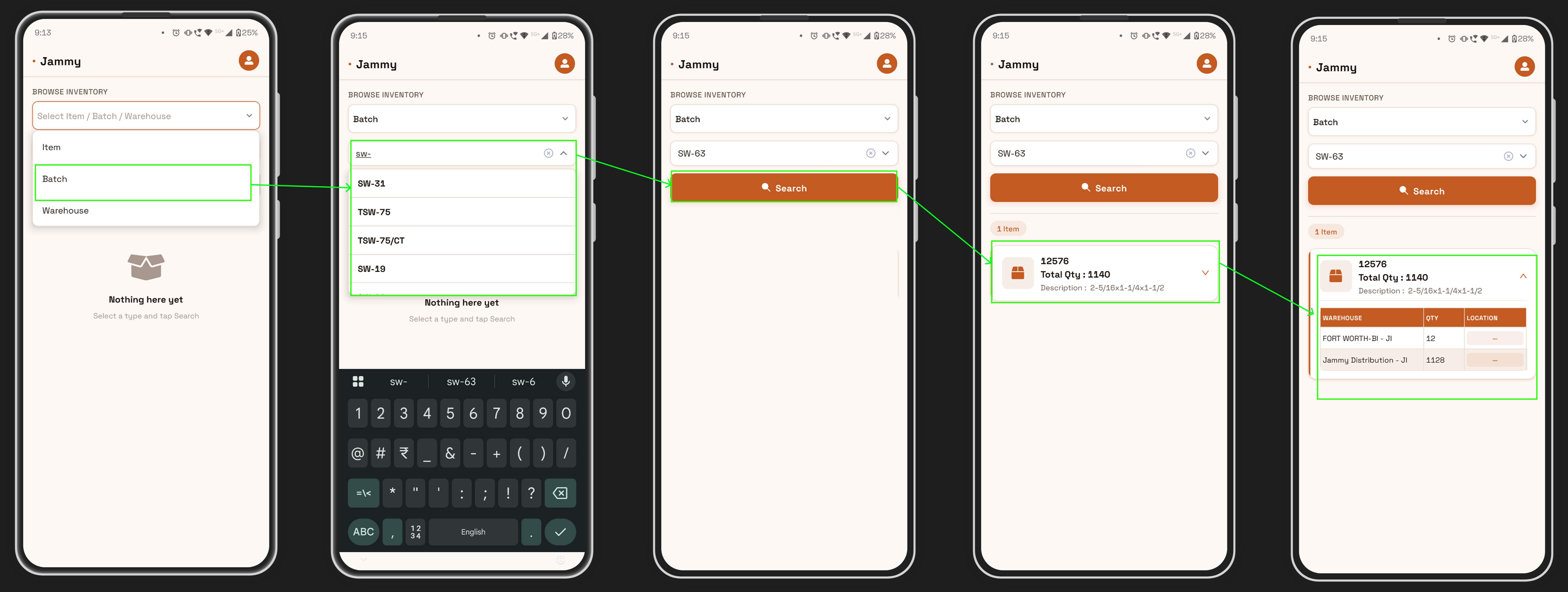 Batch search with auto-suggest dropdown showing matching batch numbers
