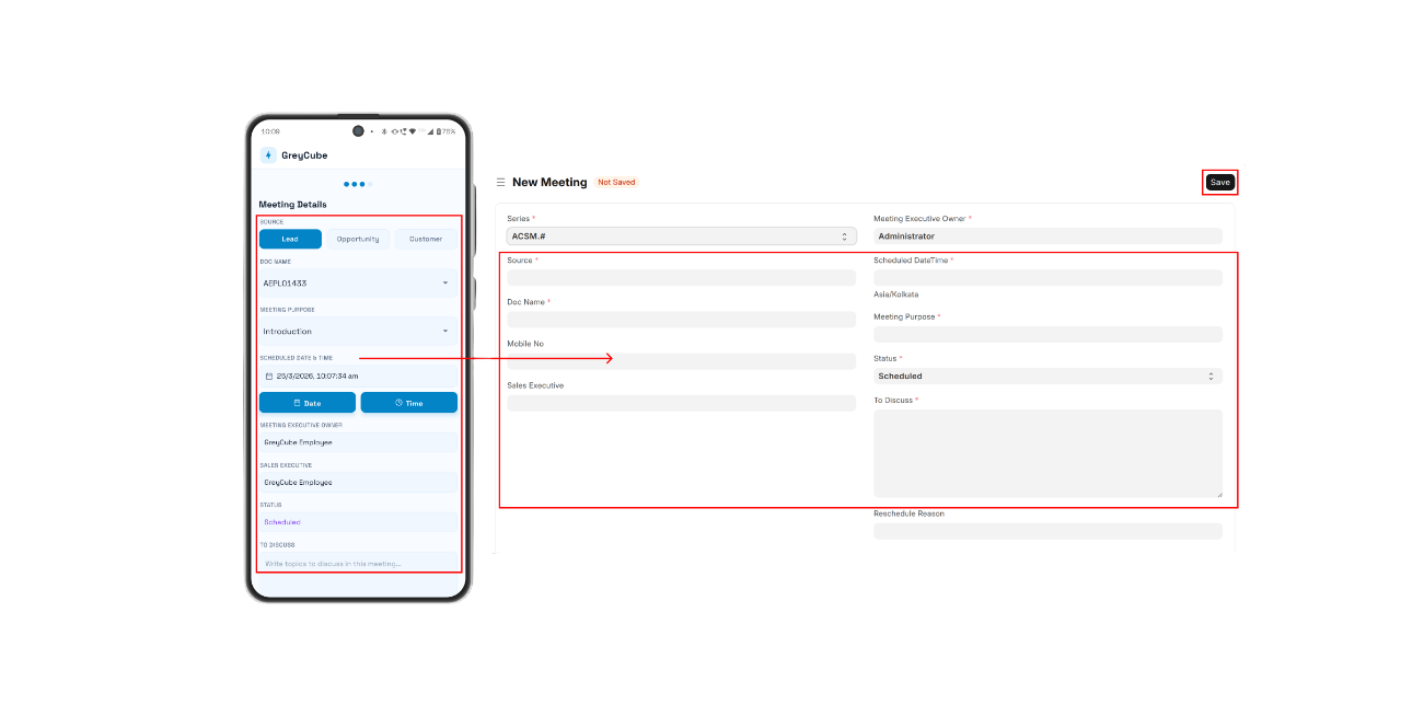 Create meeting form on mobile and the newly created meeting record visible in ERPNext