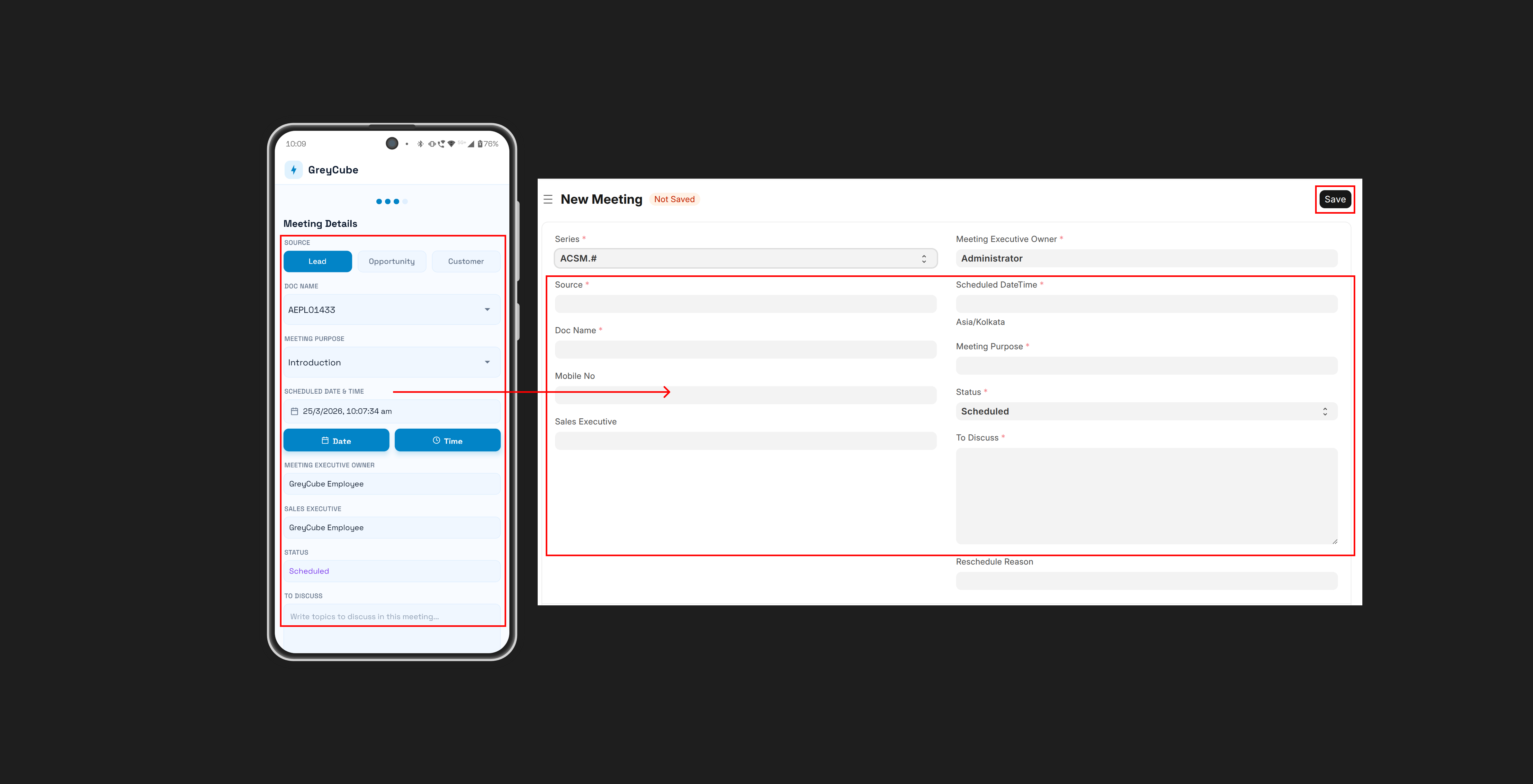 Create meeting form on mobile and the newly created meeting record visible in ERPNext