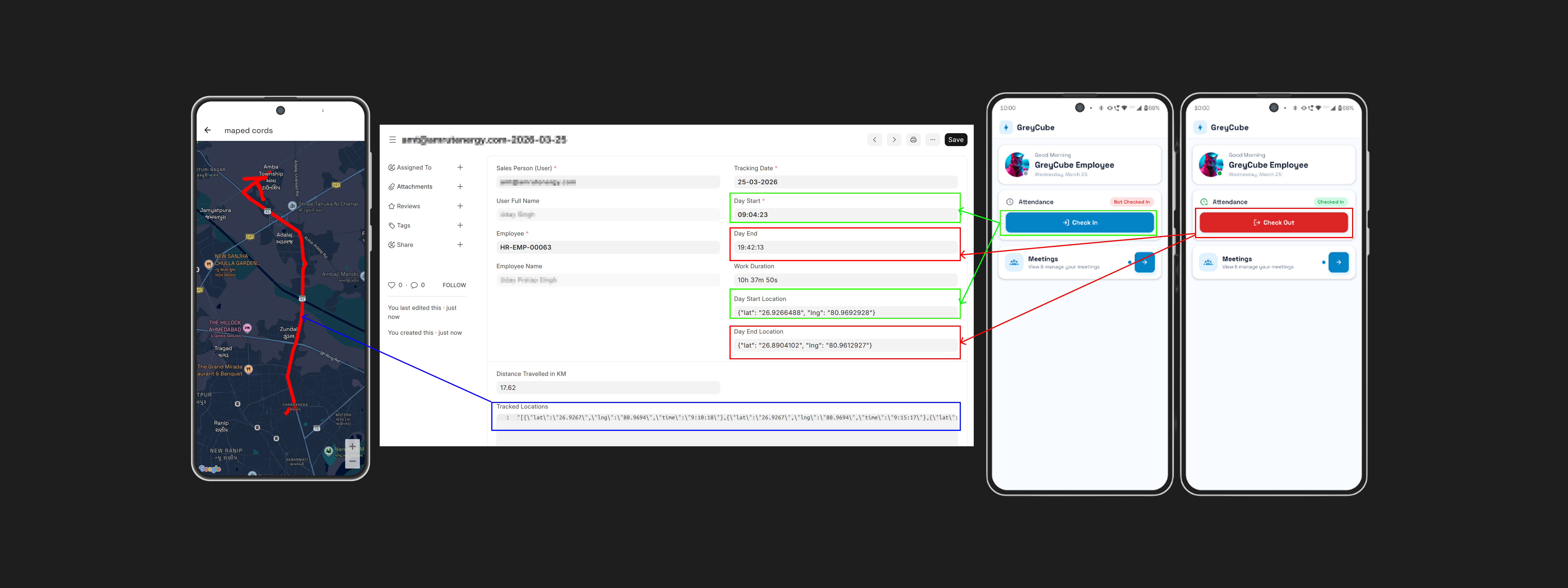 Mobile app tracking active with route path and the full-day movement trail view in ERPNext
