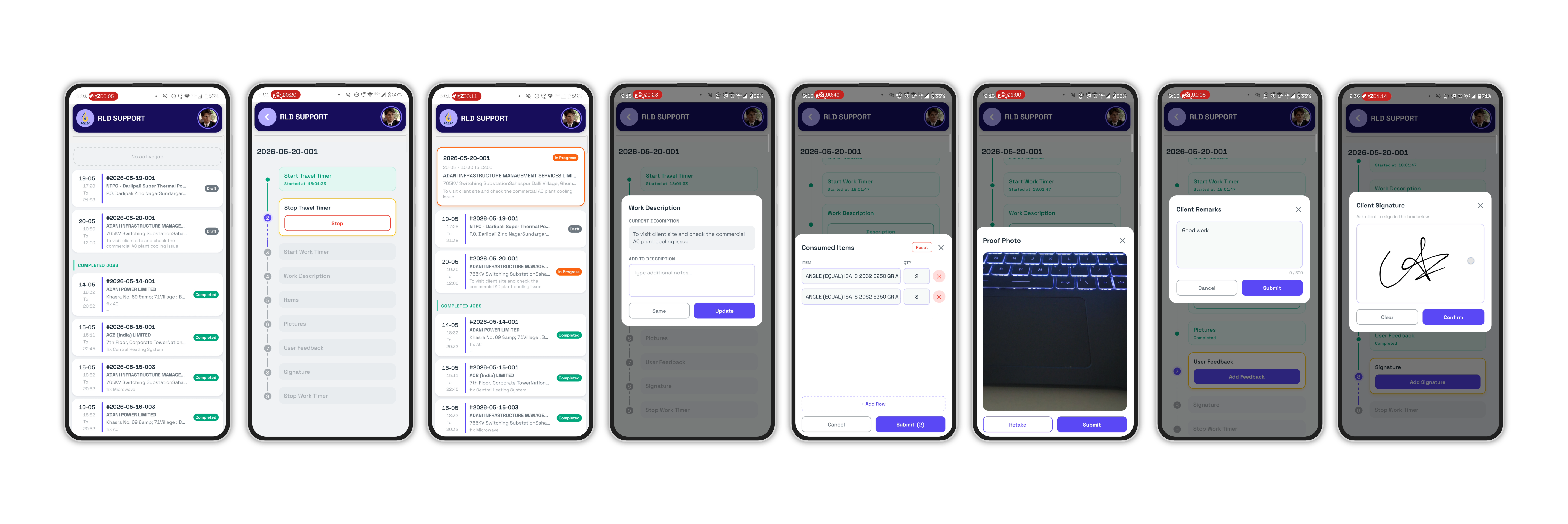 Field service support app — job list, work timeline with travel and work timers, work description, consumed items, proof photo, client remarks and signature screens