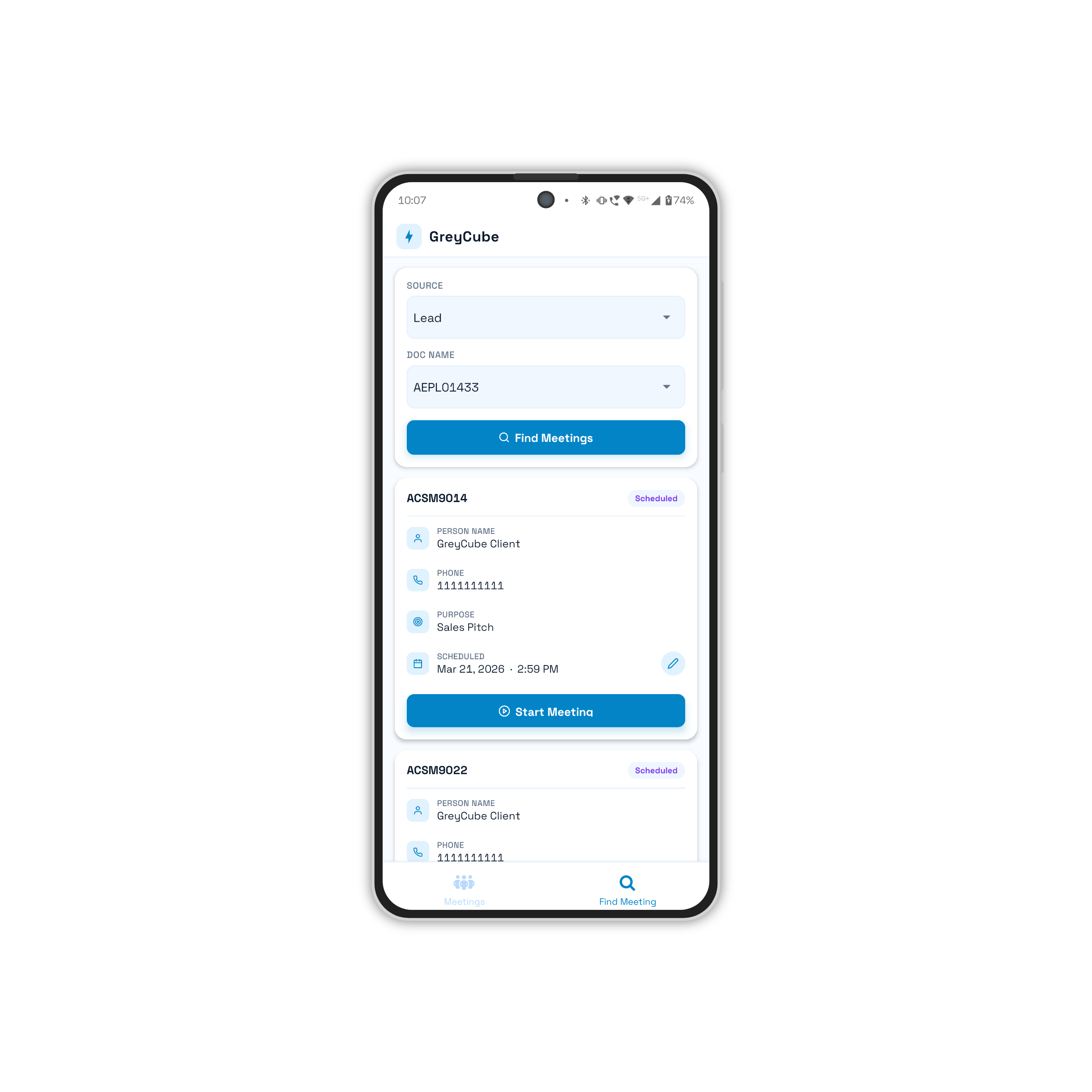 Meeting search and filter screen on mobile with source type selection