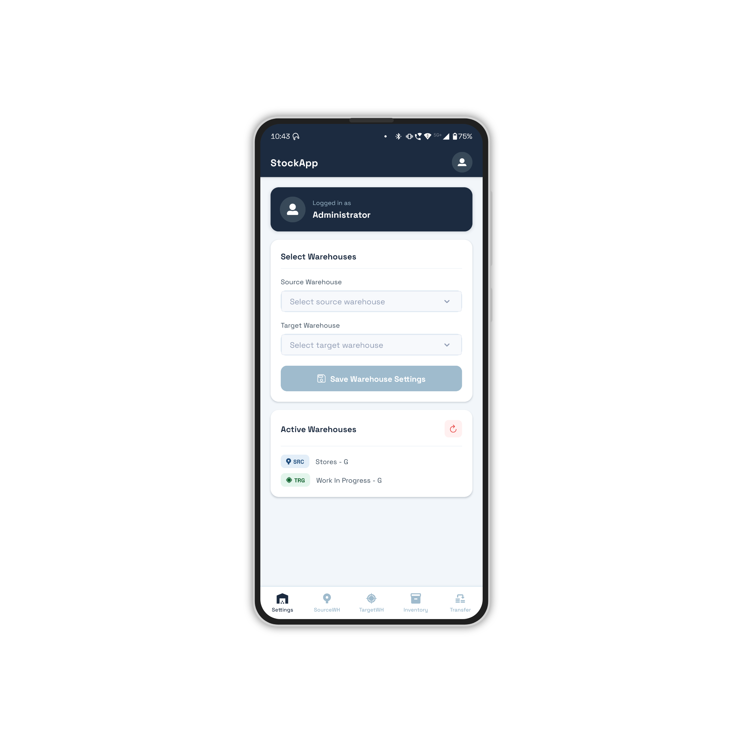 Warehouse settings screen in StockMobile showing saved source and target selection