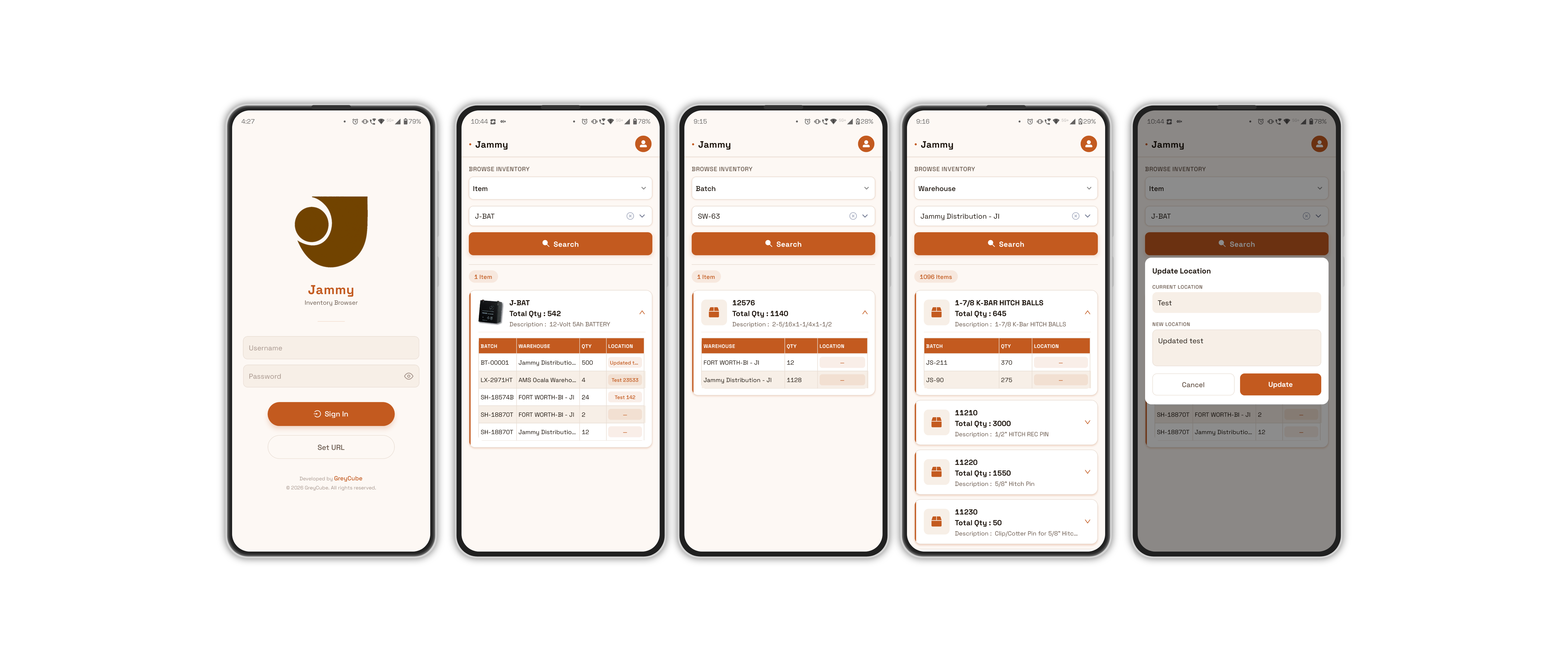 Jammy Inventory Browser — login, search by item, batch and warehouse, and location update screens
