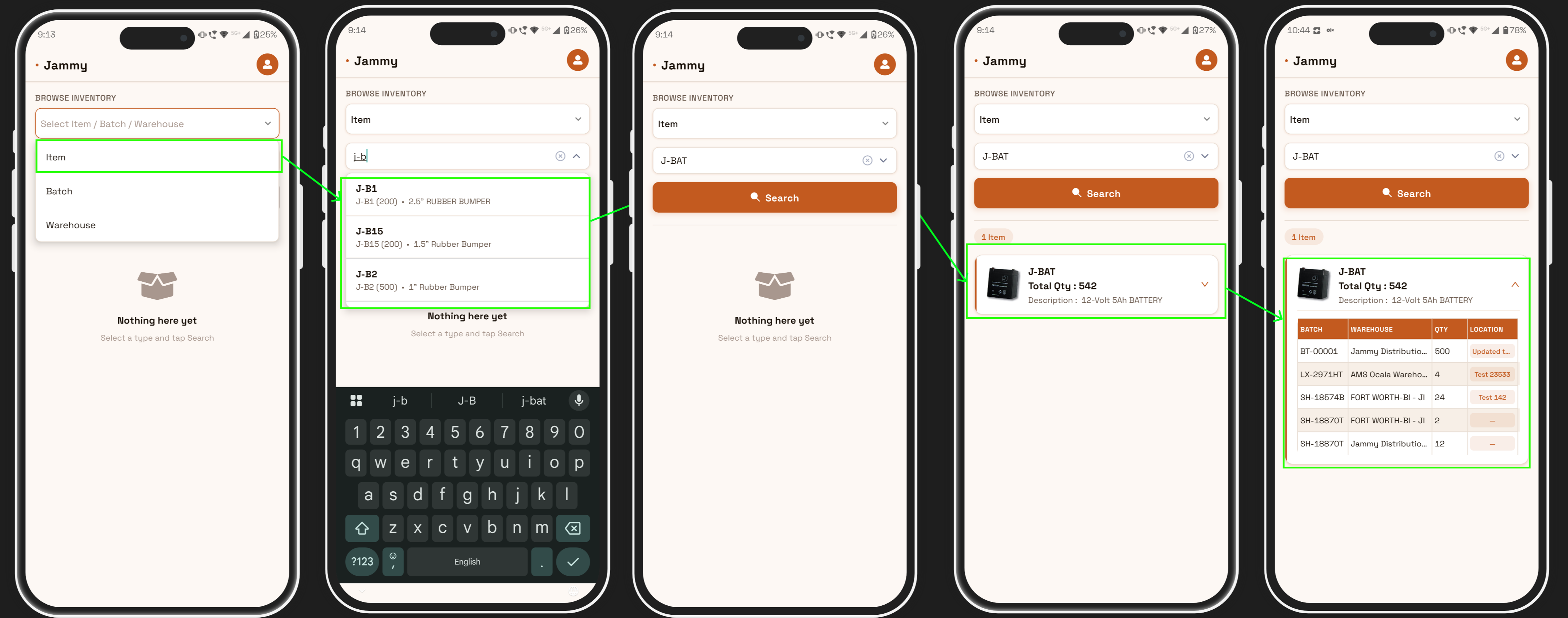 Item search results showing J-BAT with batch, warehouse, quantity and location breakdown