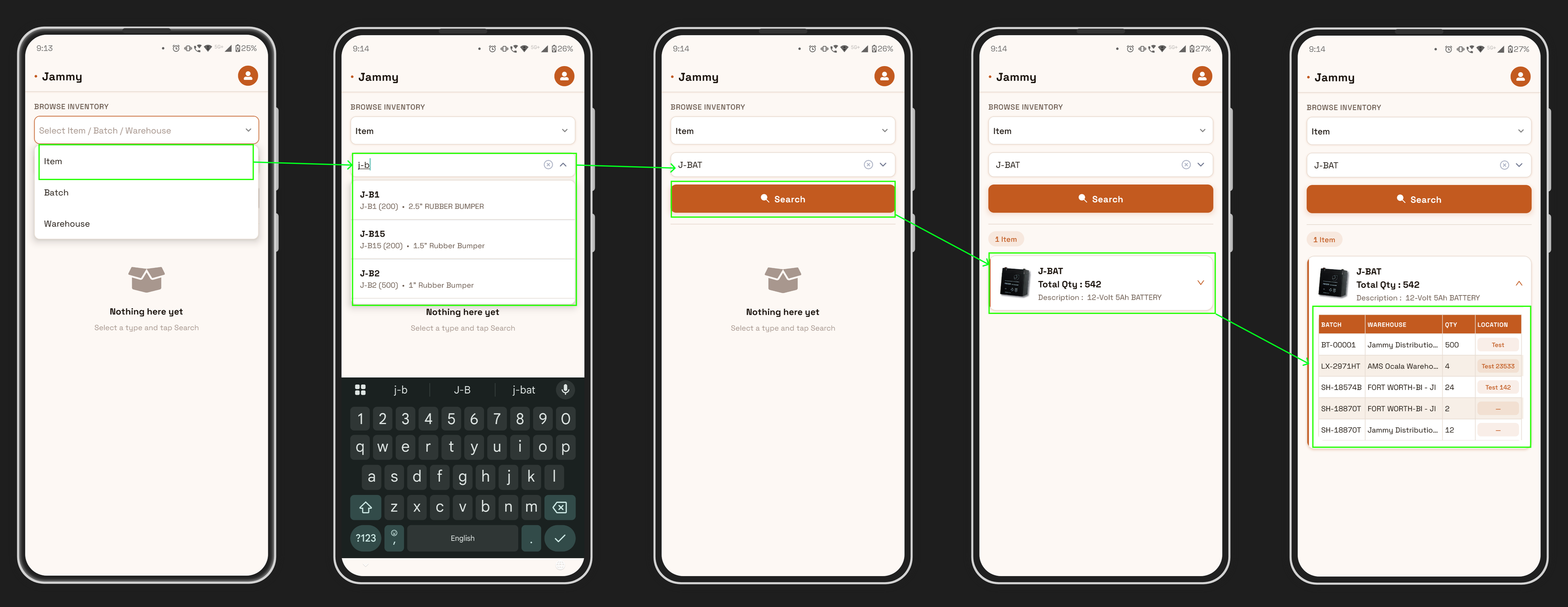 Item search results showing J-BAT with batch, warehouse, quantity and location breakdown
