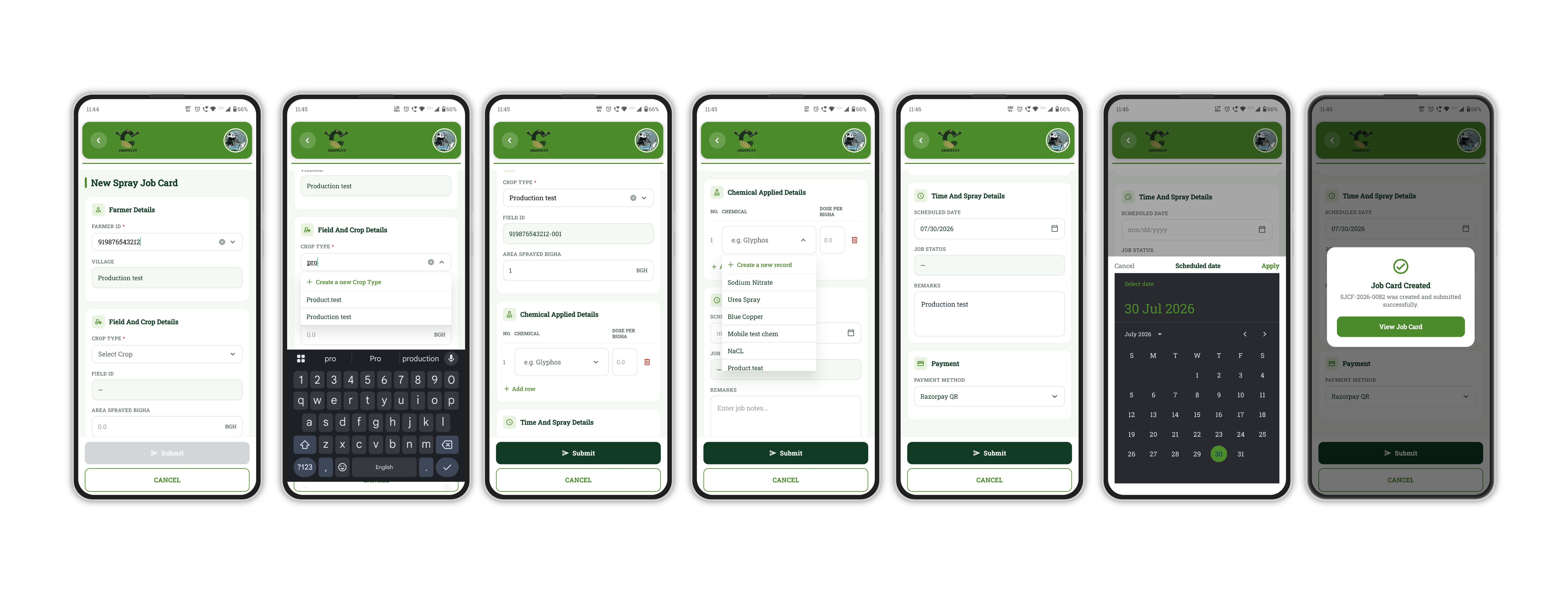 Cropflyt Spray Job Card app — farmer details, field and crop, chemicals applied, scheduled date and Razorpay QR payment screens