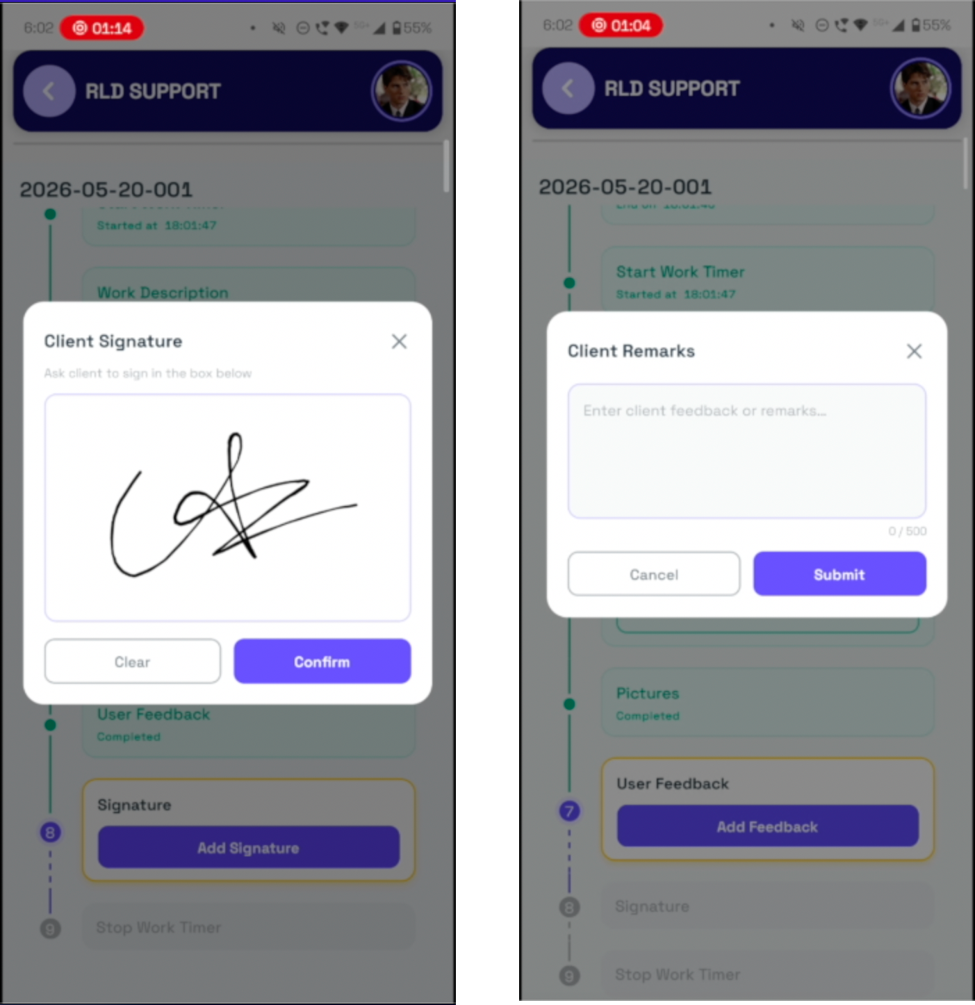 Customer signing off on a completed job directly on the phone screen