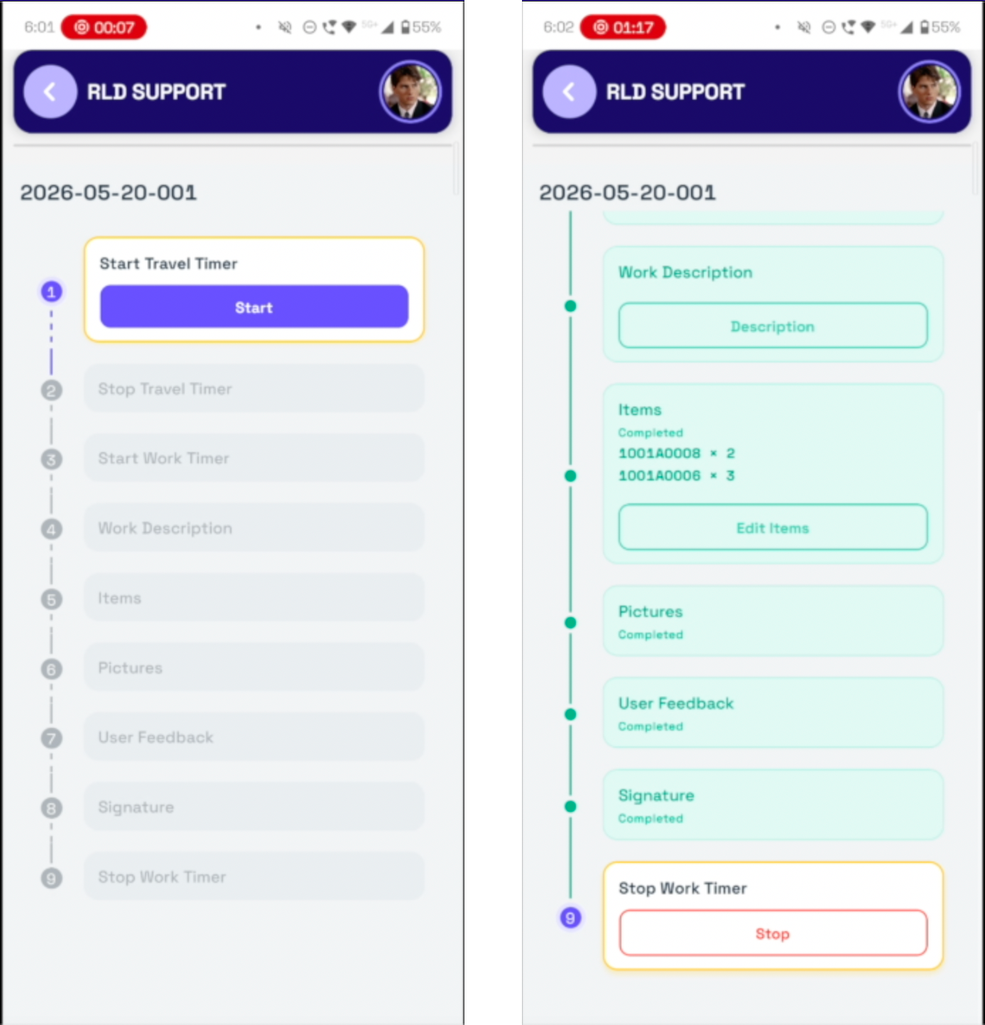Guided job workflow checklist showing each step of the on-site visit