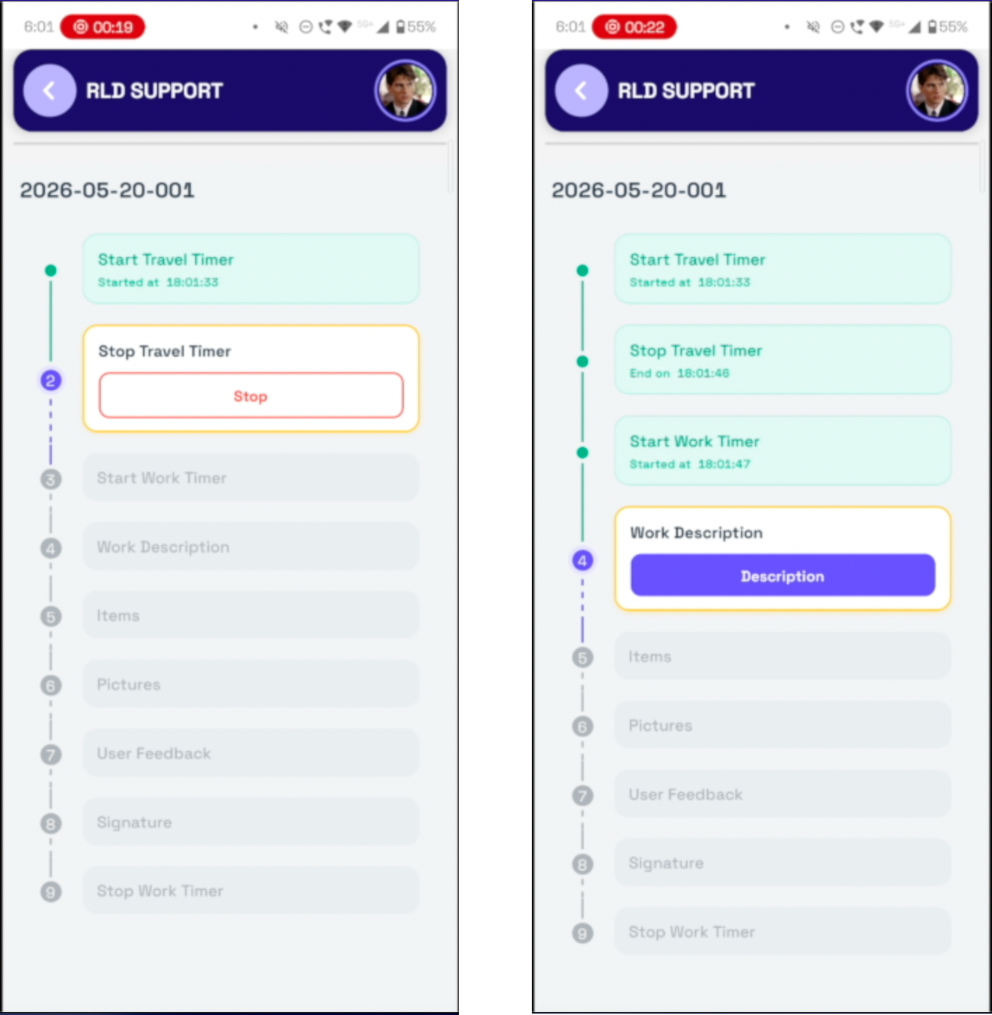 Travel and work timers running inside the job workflow