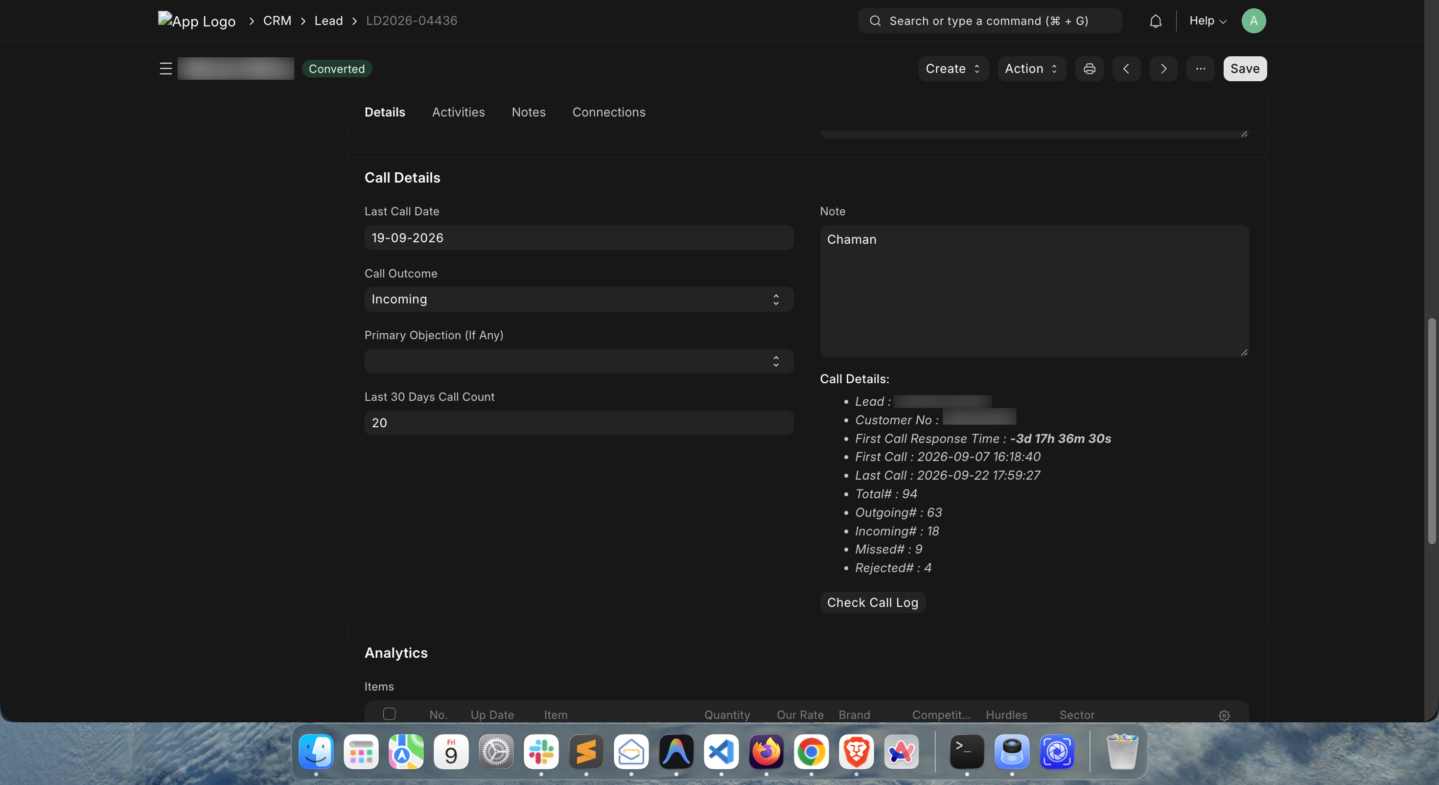 Call Log Summary inside ERPNext Lead Doctype
