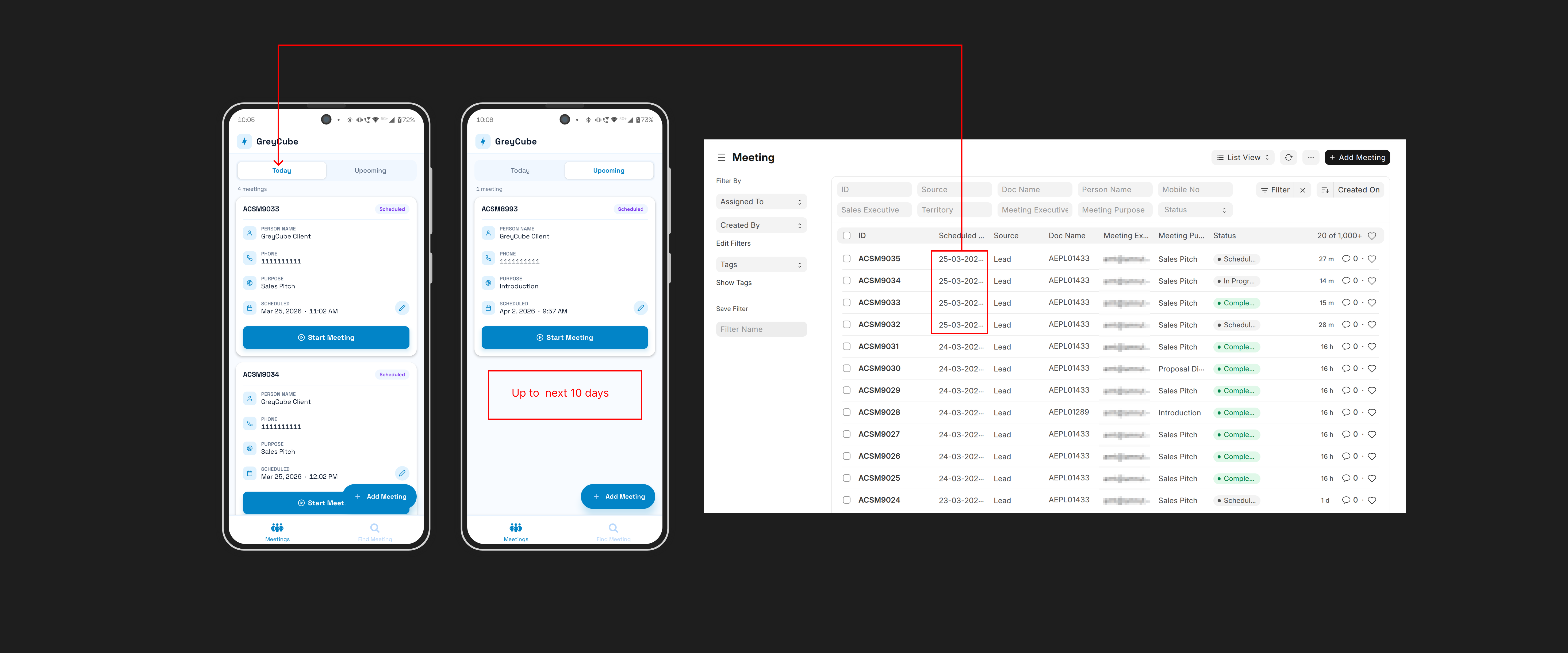 Officer's meeting list on mobile and the meeting assignment and status dashboard in ERPNext