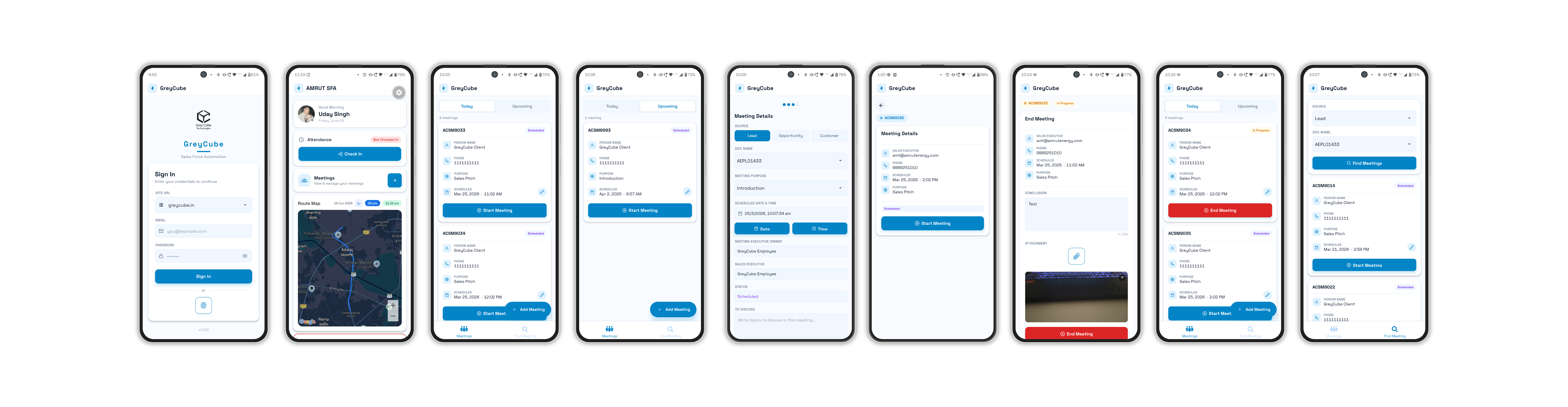 AMRUT Sales Force Automation app — sign in, live route map, meetings list and meeting detail screens