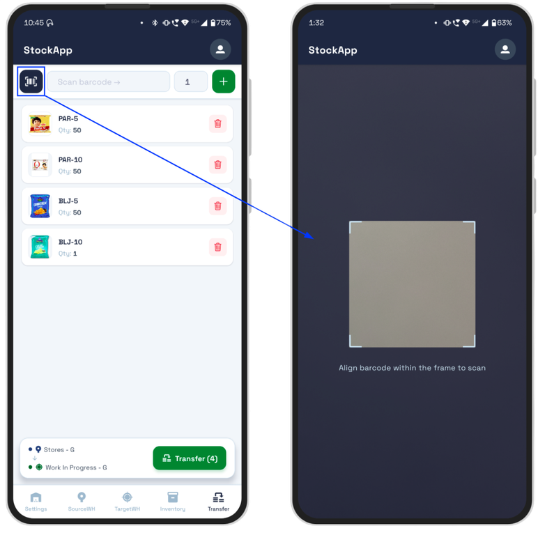 Warehouse worker scanning a product barcode with StockMobile