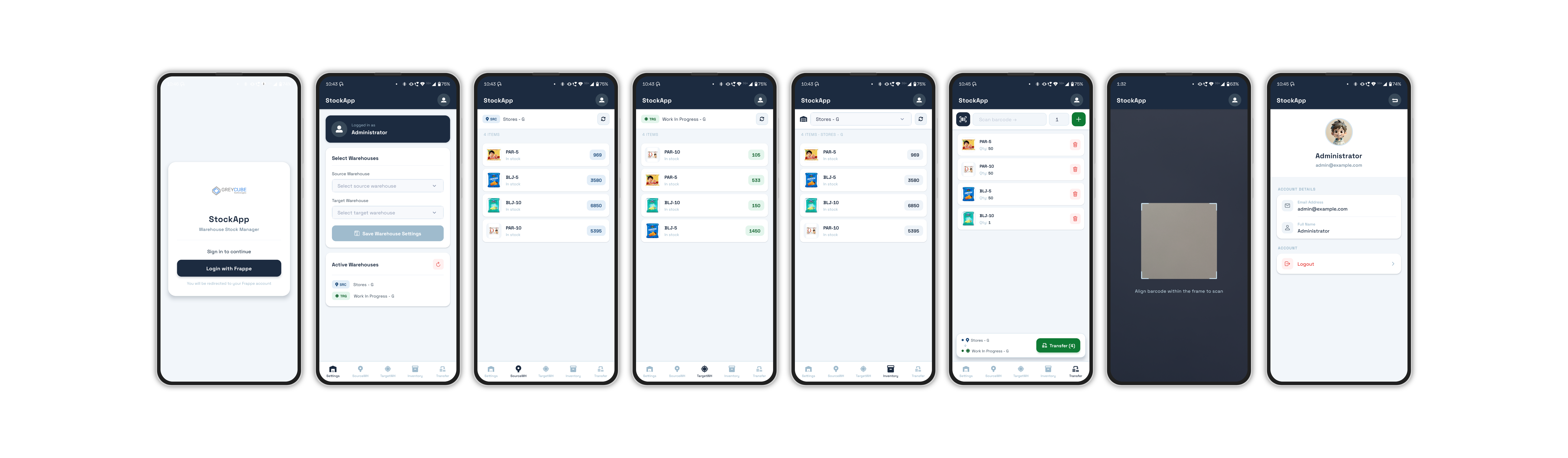 StockApp Warehouse Stock Manager — Frappe login, warehouse settings, inventory, barcode scan and transfer screens