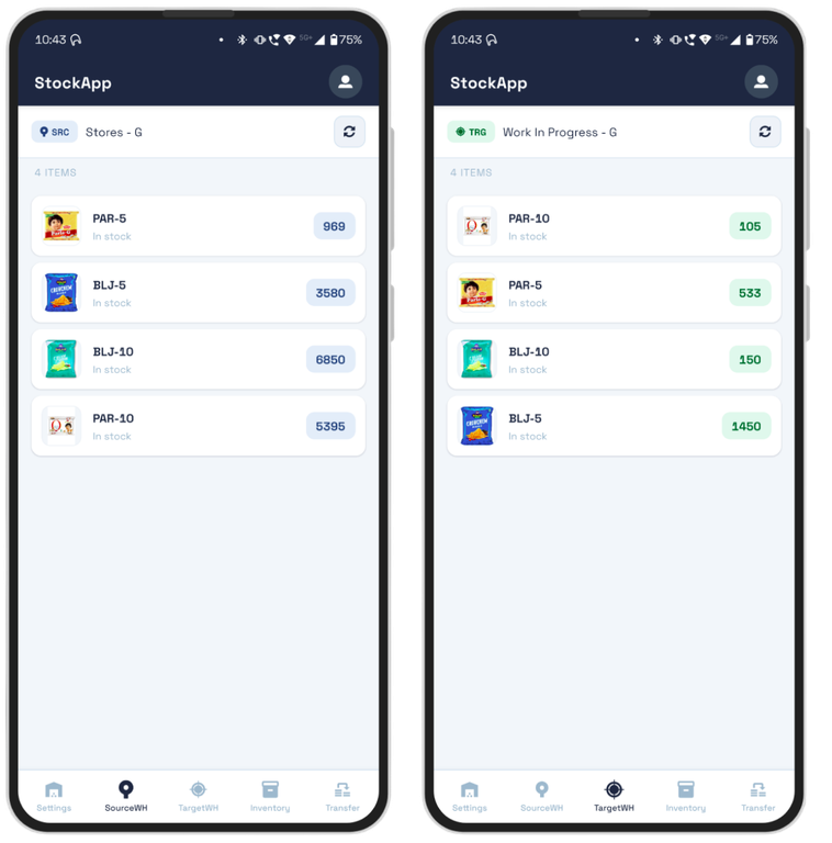 Side-by-side source and target warehouse stock levels in StockMobile
