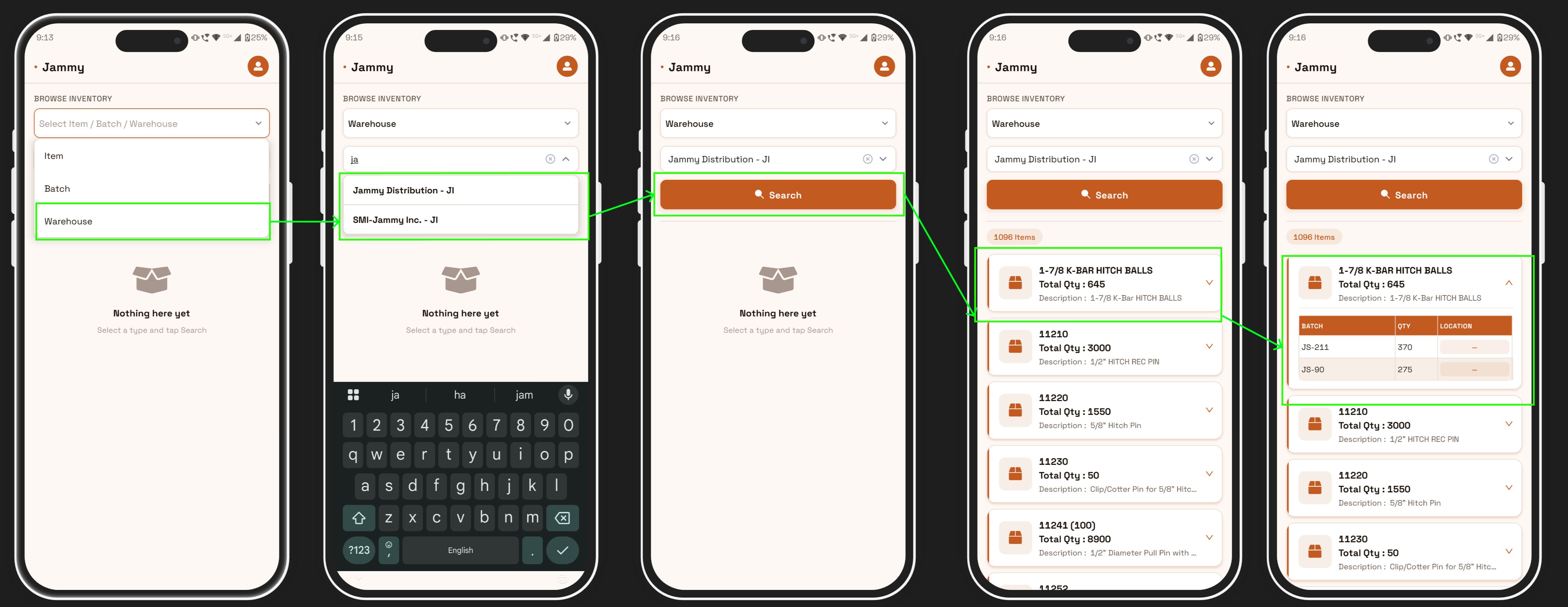 Warehouse dropdown showing list of all available warehouses