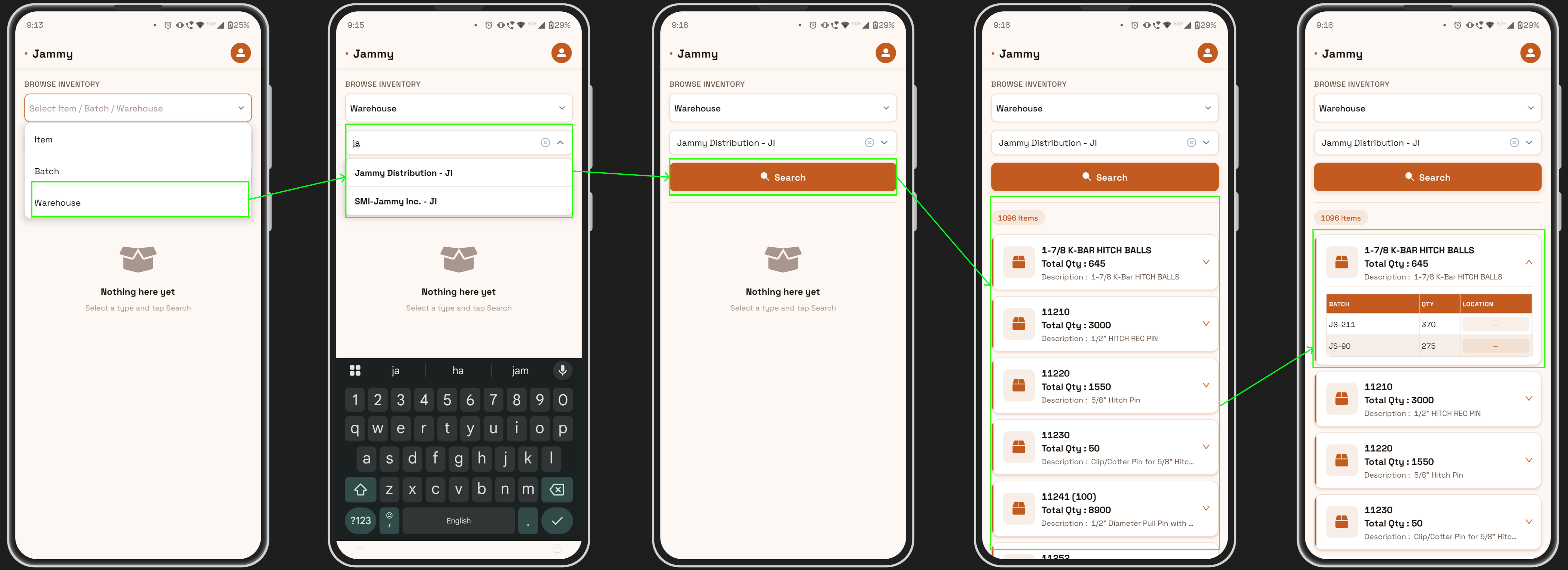 Warehouse dropdown showing list of all available warehouses